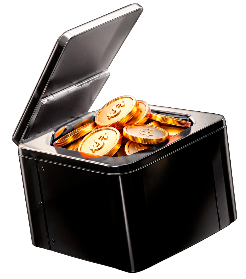 Cofre aberto com moedas douradas